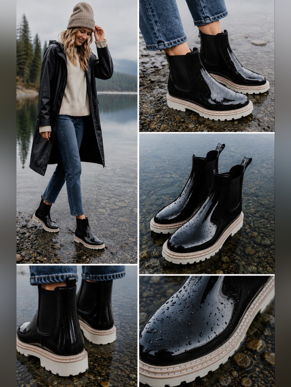 Dolce Vita Stormy H2O Waterproof Chelsea Rain Boots Black Cream Lug Sole Size 11